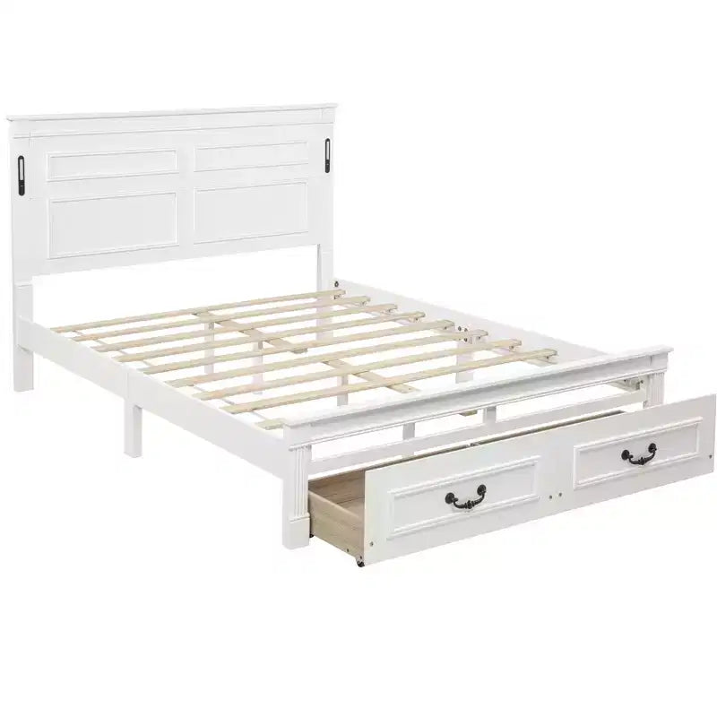 Lit plateforme 152 x 203 cm / 193 x 203 cm avec tête de lit haute, cadre de lit rustique en bois avec 2 tiroirs – Sanzelize Design