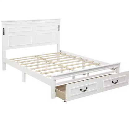 Lit plateforme 152 x 203 cm / 193 x 203 cm avec tête de lit haute, cadre de lit rustique en bois avec 2 tiroirs – Sanzelize Design