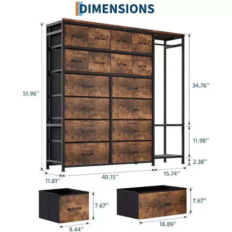 Commode de rangement avec 16 tiroirs, tringle à vêtements et étagères – Sanzelize Design