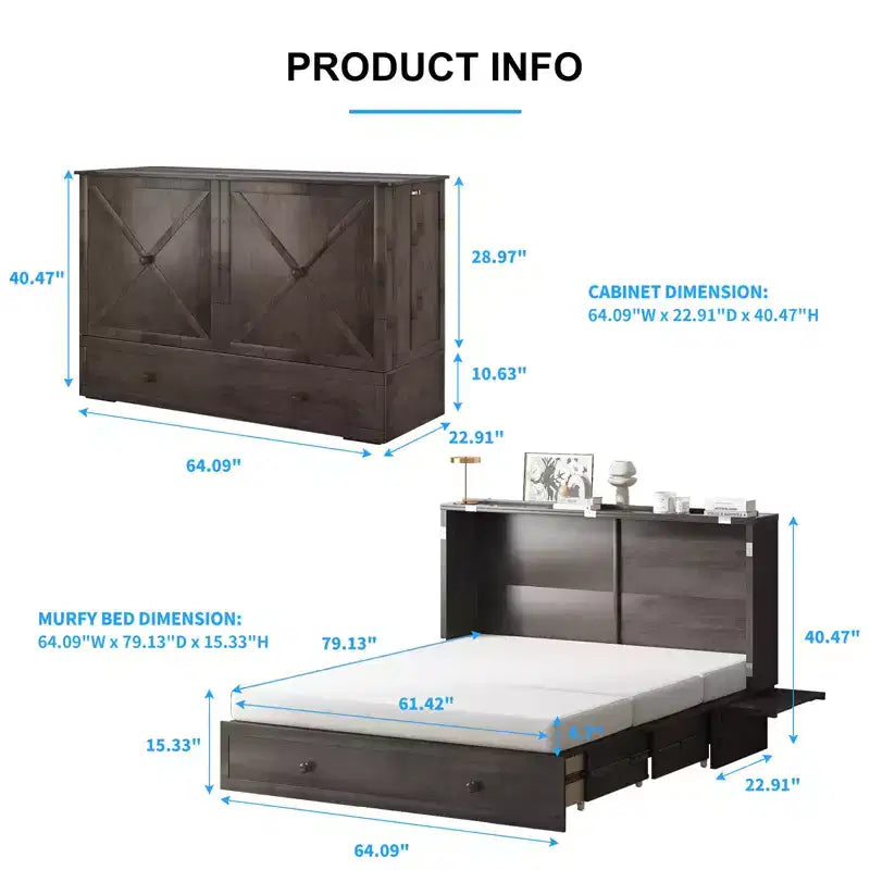 Lit escamotable Murphy 152 x 203 cm, lit coffre Cube avec station de charge et espace de rangement – Sanzelize Design