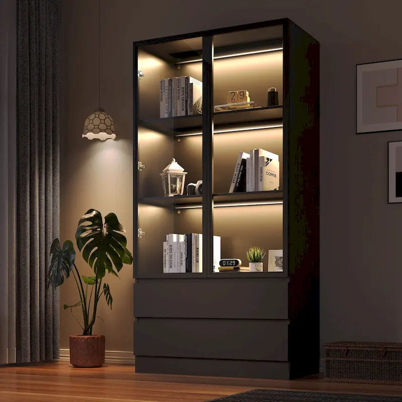 Vitrine de rangement, vitrine avec portes en verre trempé, vitrine avec 4 étagères de rangement – Sanzelize Design