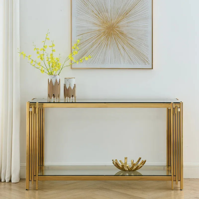 Console étroite à 2 niveaux avec structure en métal doré et plateau en verre trempé – Sanzelize Design