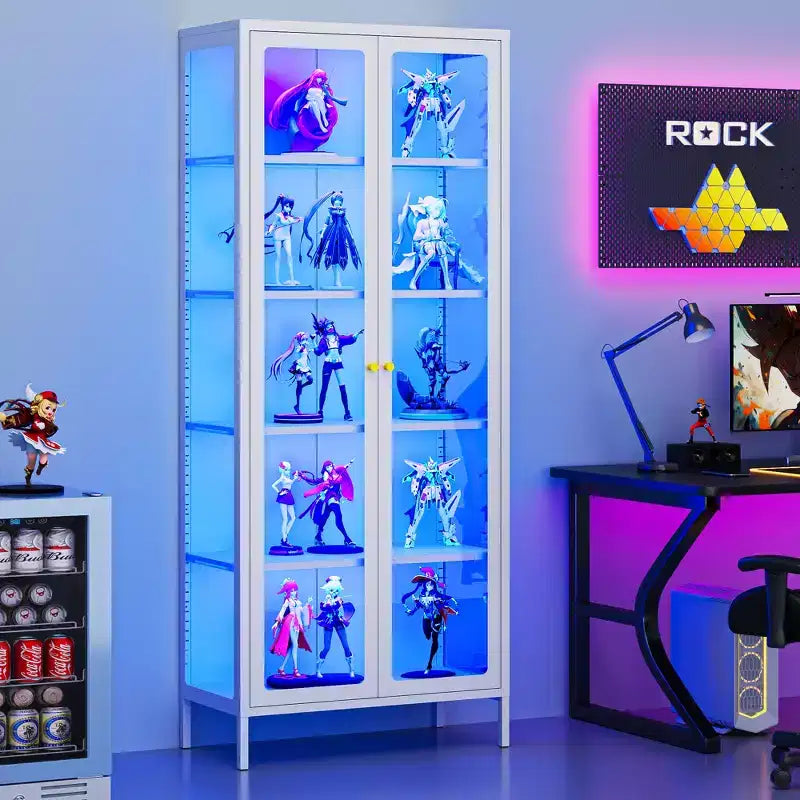 Vitrine 170 cm en Verre à 3 Côtés avec Lumières LED, Rangement à 5 Niveaux avec Double Porte et Cadre Métallique pour – Sanzelize Design