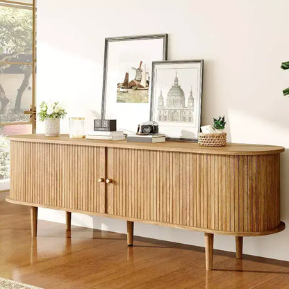 Meuble TV 178 cm avec pieds en bois massif, console TV de style moderne du milieu du siècle avec porte à tambour – Sanzelize Design