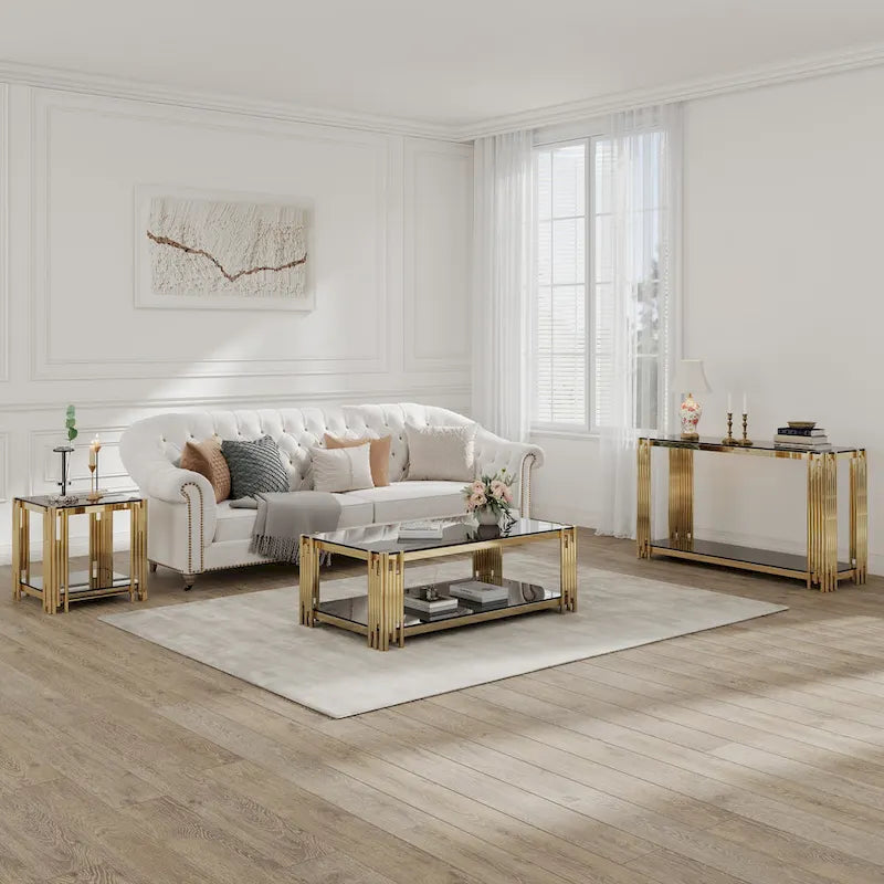 Console étroite à 2 niveaux avec structure en métal doré et plateau en verre trempé – Sanzelize Design