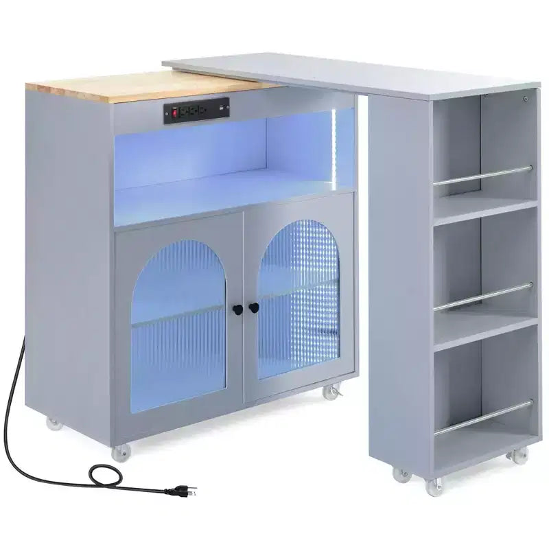 Îlot de cuisine roulant avec 2 portes en verre, Desserte de cuisine avec table extensible et prises de courant – Sanzelize Design