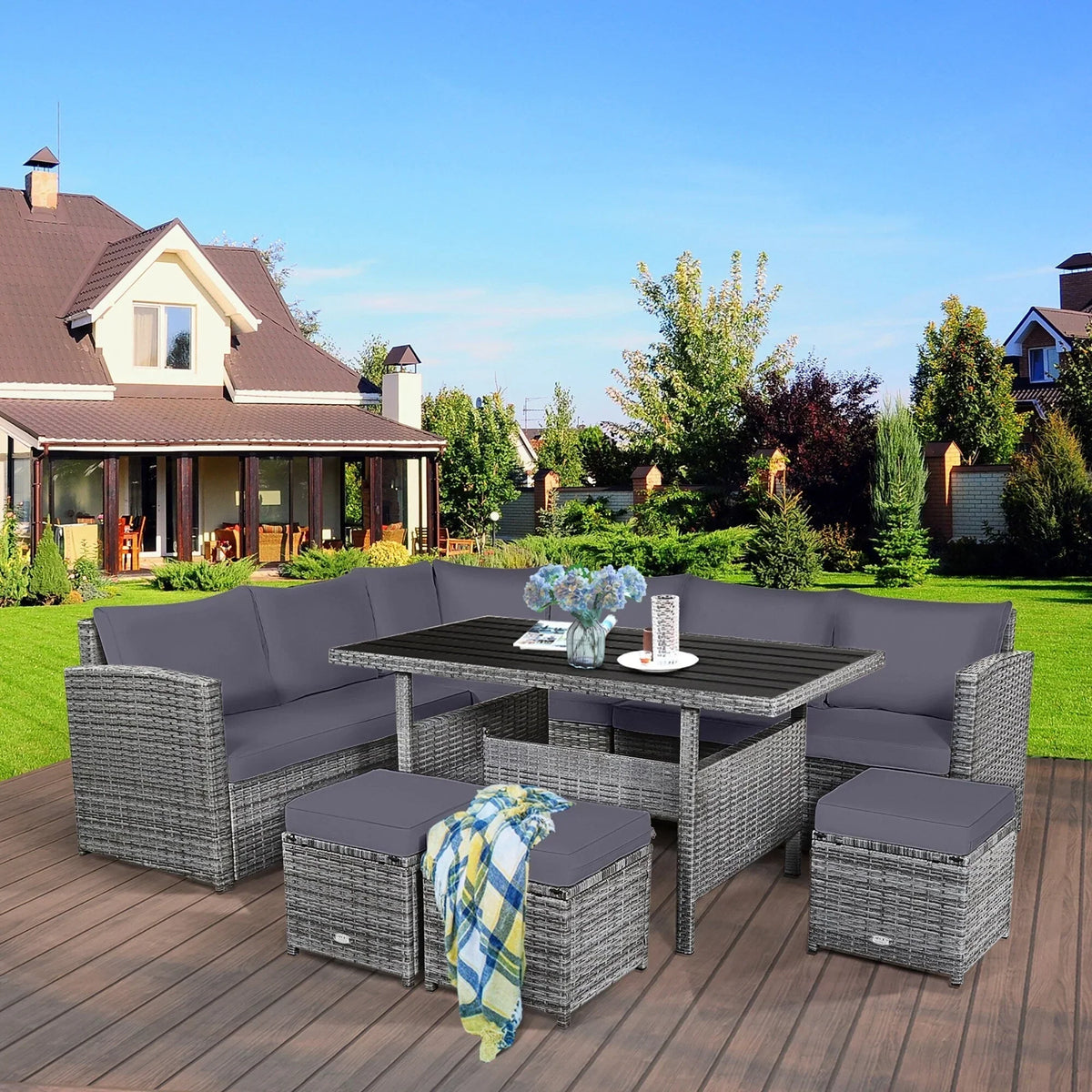 Ensemble de salle à manger 7 pièces en rotin pour terrasse, canapé sectionnel et pouf - Voir détails – Sanzelize Design