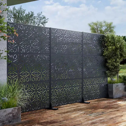 Paravent à 3 panneaux avec motif géométrique – Acier galvanisé noir – Sanzelize Design