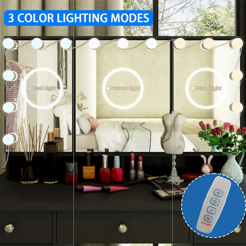 Coiffeuse LED de luxe avec 9 tiroirs, station de maquillage élégante – Sanzelize Design