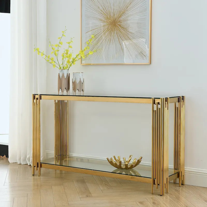 Console étroite à 2 niveaux avec structure en métal doré et plateau en verre trempé – Sanzelize Design