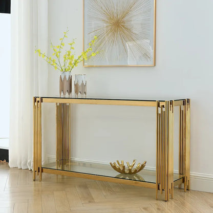 Console étroite à 2 niveaux avec structure en métal doré et plateau en verre trempé – Sanzelize Design