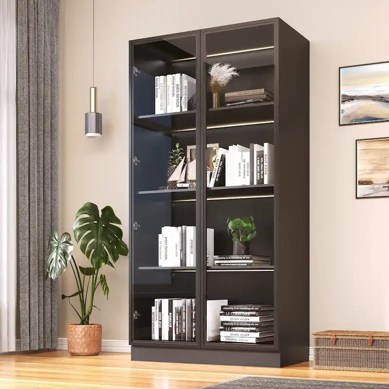 Vitrine de rangement, vitrine avec portes en verre trempé, vitrine avec 4 étagères de rangement – Sanzelize Design