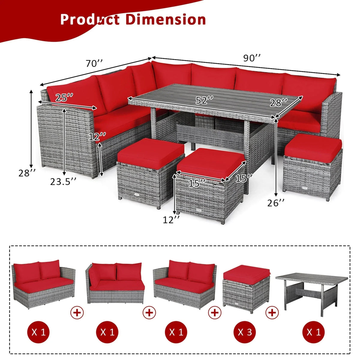 Ensemble de salle à manger 7 pièces en rotin pour terrasse, canapé sectionnel et pouf - Voir détails – Sanzelize Design