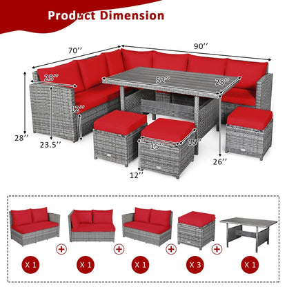 Ensemble de salle à manger 7 pièces en rotin pour terrasse, canapé sectionnel et pouf - Voir détails – Sanzelize Design