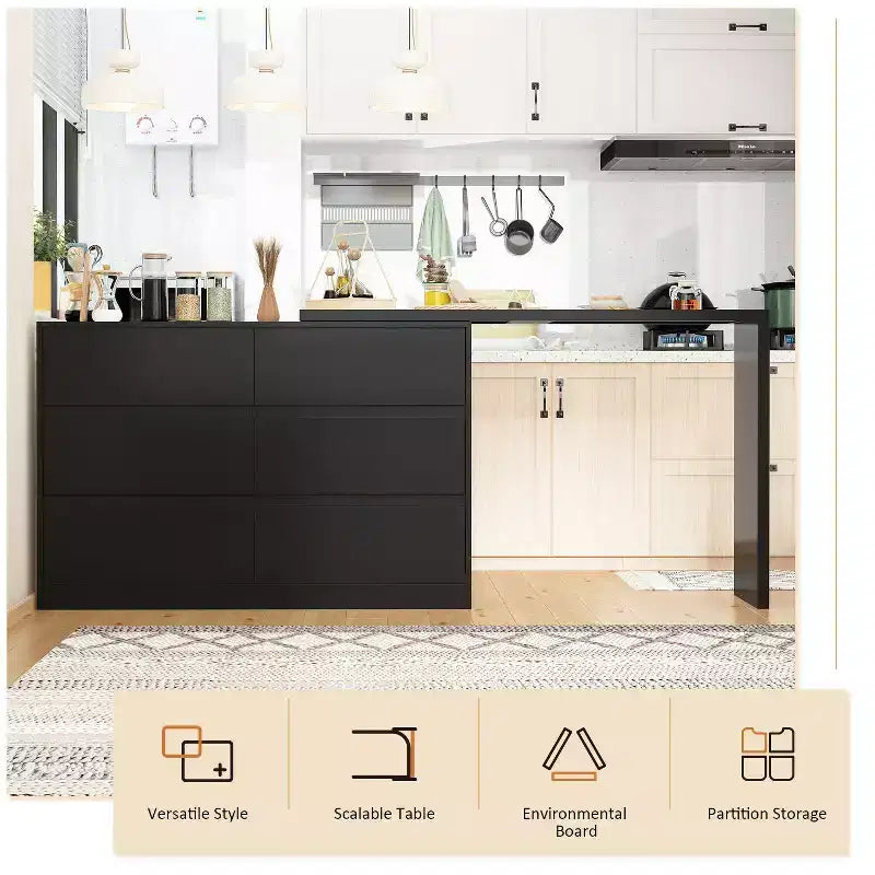 Desserte de buffet intelligente rotative/extensible avec 6 tiroirs, plan de travail étendu, tapis antidérapant – Sanzelize Design