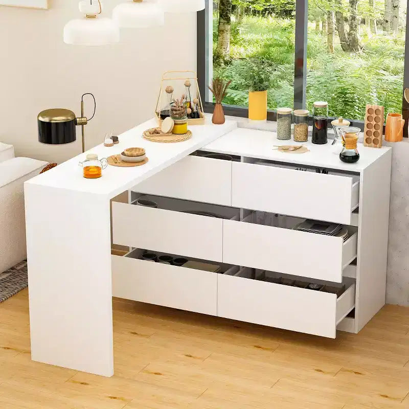 Desserte de buffet intelligente rotative/extensible avec 6 tiroirs, plan de travail étendu, tapis antidérapant – Sanzelize Design