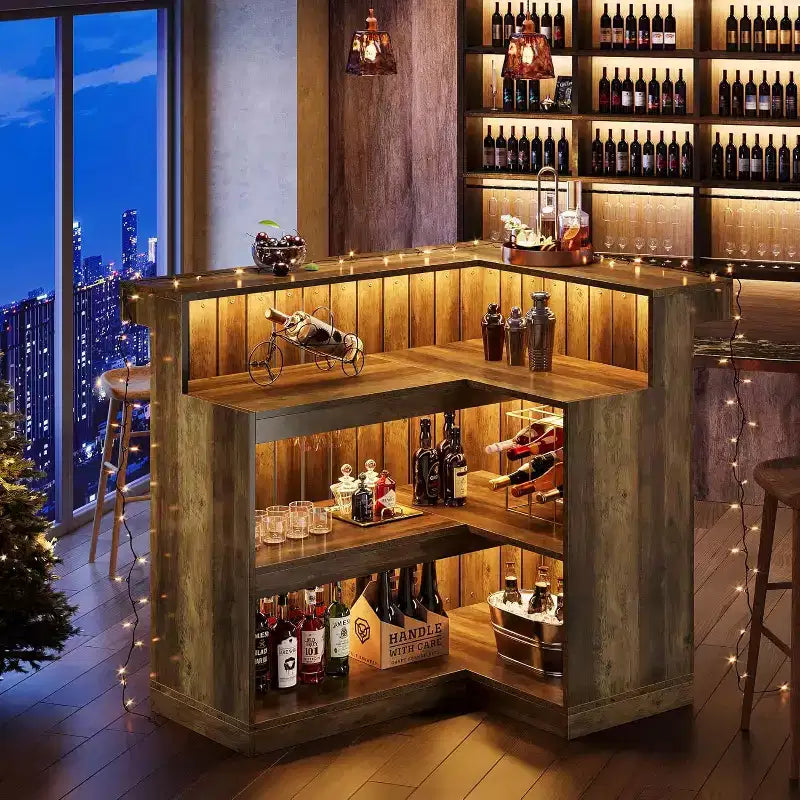 Bar de salon en L, bar à liqueurs d'angle à 4 niveaux avec étagères de rangement et porte-verres à vin pour pub à – Sanzelize Design