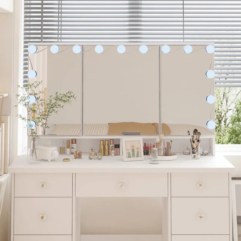 Coiffeuse LED de luxe avec 9 tiroirs, station de maquillage élégante – Sanzelize Design