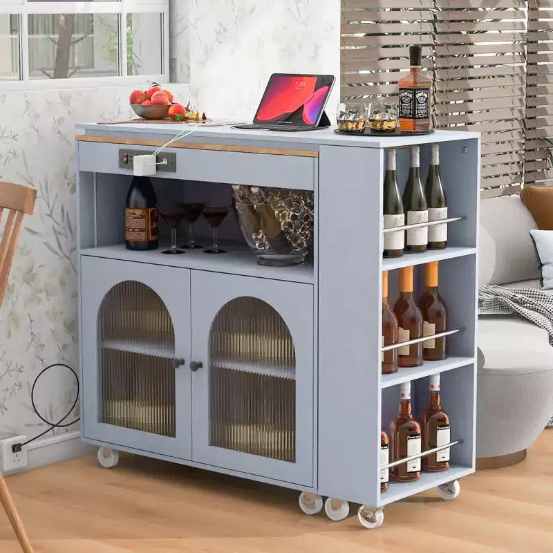 Îlot de cuisine roulant avec 2 portes en verre, Desserte de cuisine avec table extensible et prises de courant – Sanzelize Design