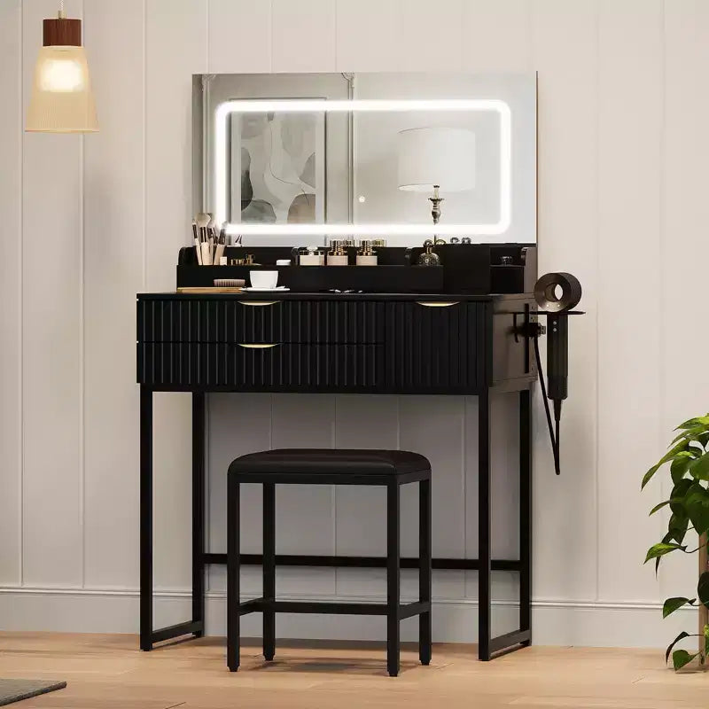 Coiffeuse avec miroir et lumières, miroir lumineux à LED, tiroirs de rangement spacieux pour produits cosmétiques et – Sanzelize Design