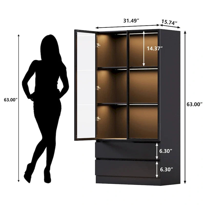 Vitrine de rangement, vitrine avec portes en verre trempé, vitrine avec 4 étagères de rangement – Sanzelize Design