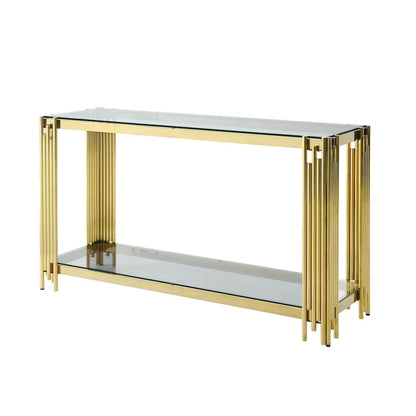 Console étroite à 2 niveaux avec structure en métal doré et plateau en verre trempé – Sanzelize Design