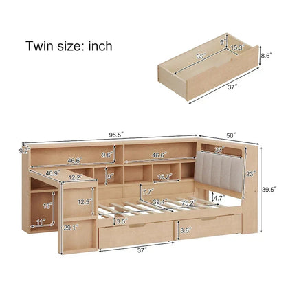 Canapé-lit d'angle en bois en forme de L avec bureau, bibliothèque, lit d'angle avec tiroirs de rangement – Sanzelize Design