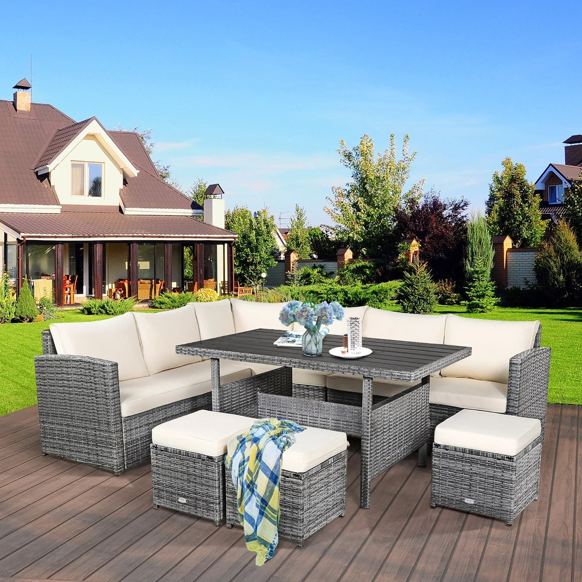 Ensemble de salle à manger 7 pièces en rotin pour terrasse, canapé sectionnel et pouf - Voir détails – Sanzelize Design