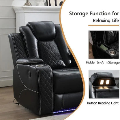 Canapé inclinable électrique avec chargeur sans fil, liseuse pour salon, lumière LED en similicuir, port AC/USB – Sanzelize Design