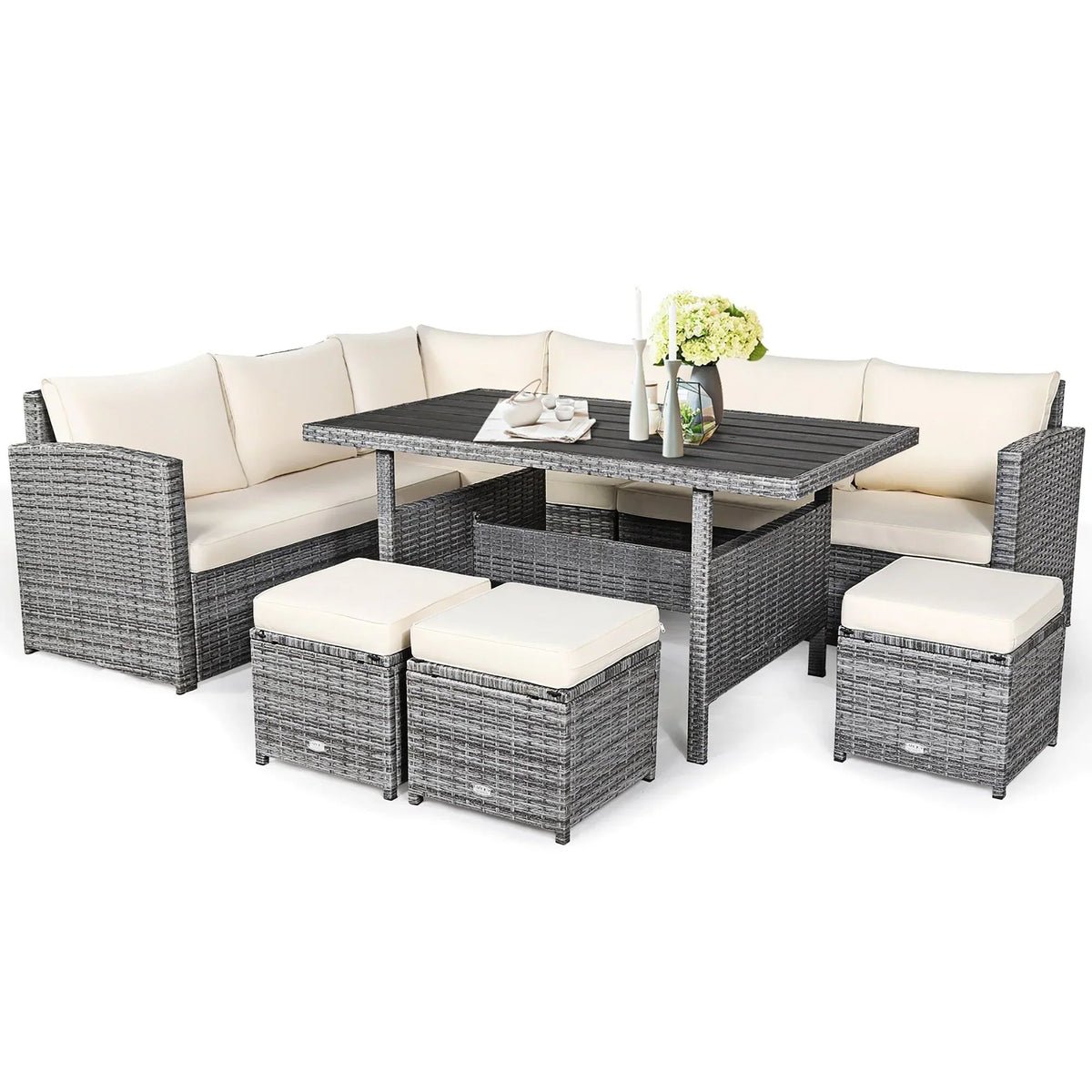 Ensemble de salle à manger 7 pièces en rotin pour terrasse, canapé sectionnel et pouf - Voir détails – Sanzelize Design
