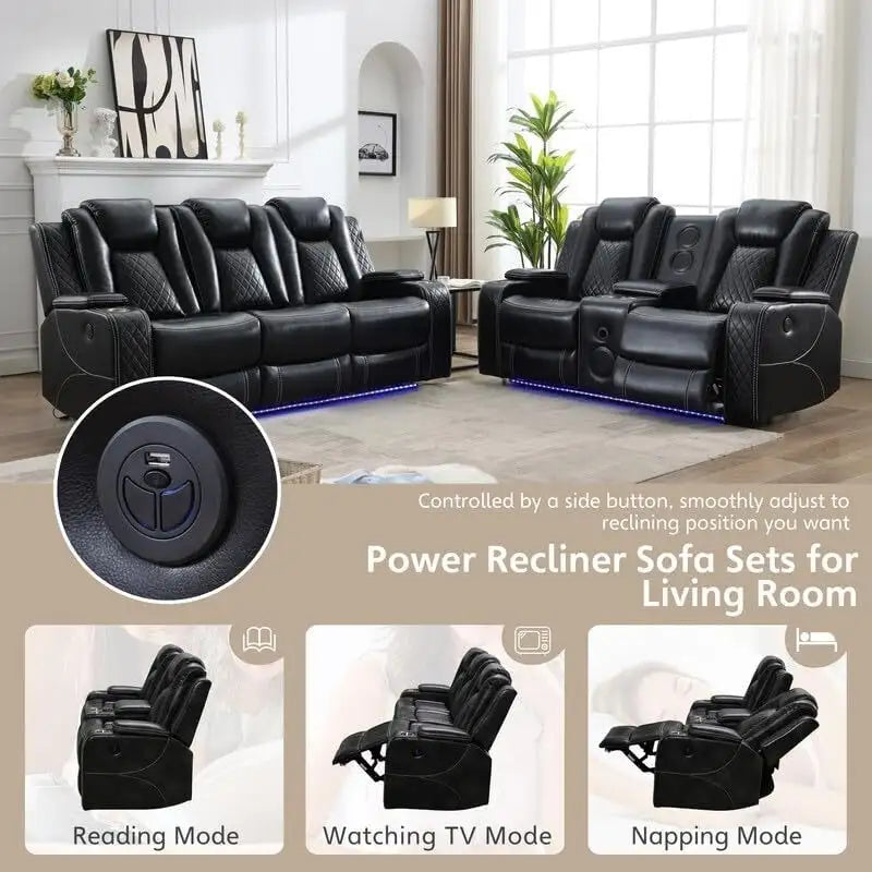 Canapé inclinable électrique avec chargeur sans fil, liseuse pour salon, lumière LED en similicuir, port AC/USB – Sanzelize Design