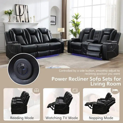 Canapé inclinable électrique avec chargeur sans fil, liseuse pour salon, lumière LED en similicuir, port AC/USB – Sanzelize Design