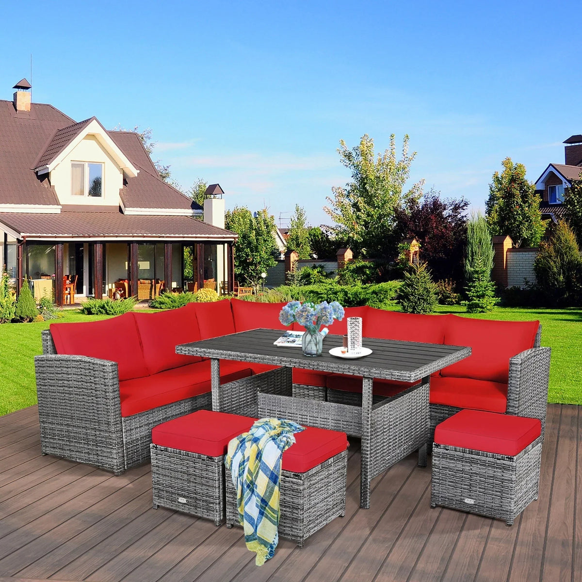 Ensemble de salle à manger 7 pièces en rotin pour terrasse, canapé sectionnel et pouf - Voir détails – Sanzelize Design
