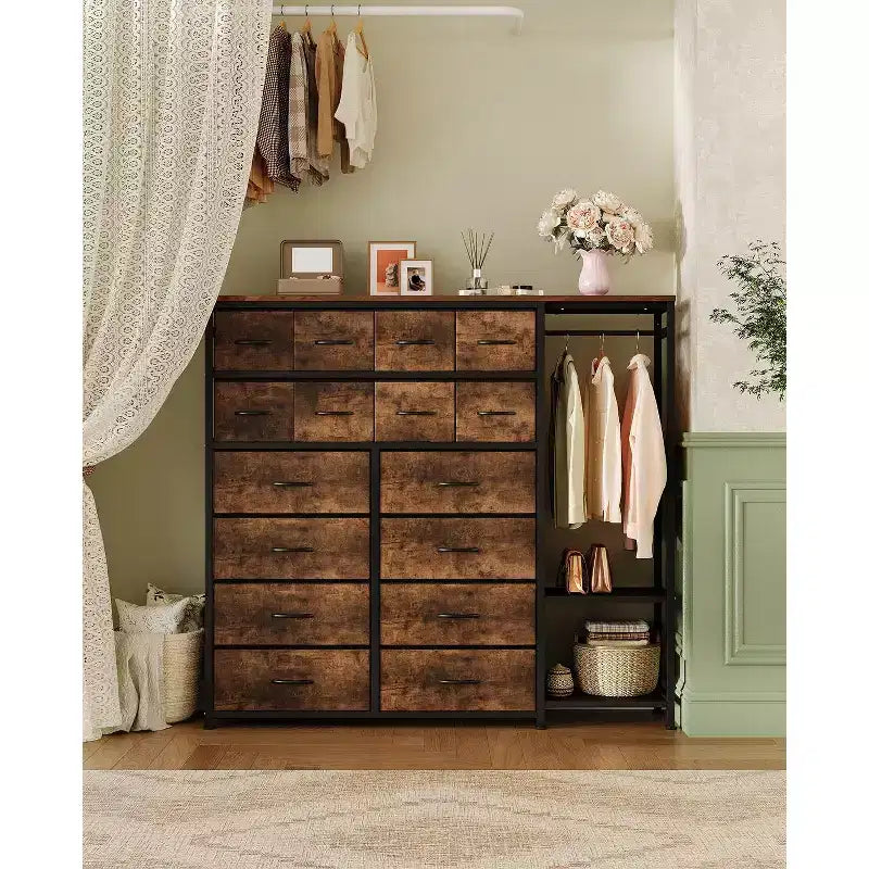 Commode de rangement avec 16 tiroirs, tringle à vêtements et étagères – Sanzelize Design