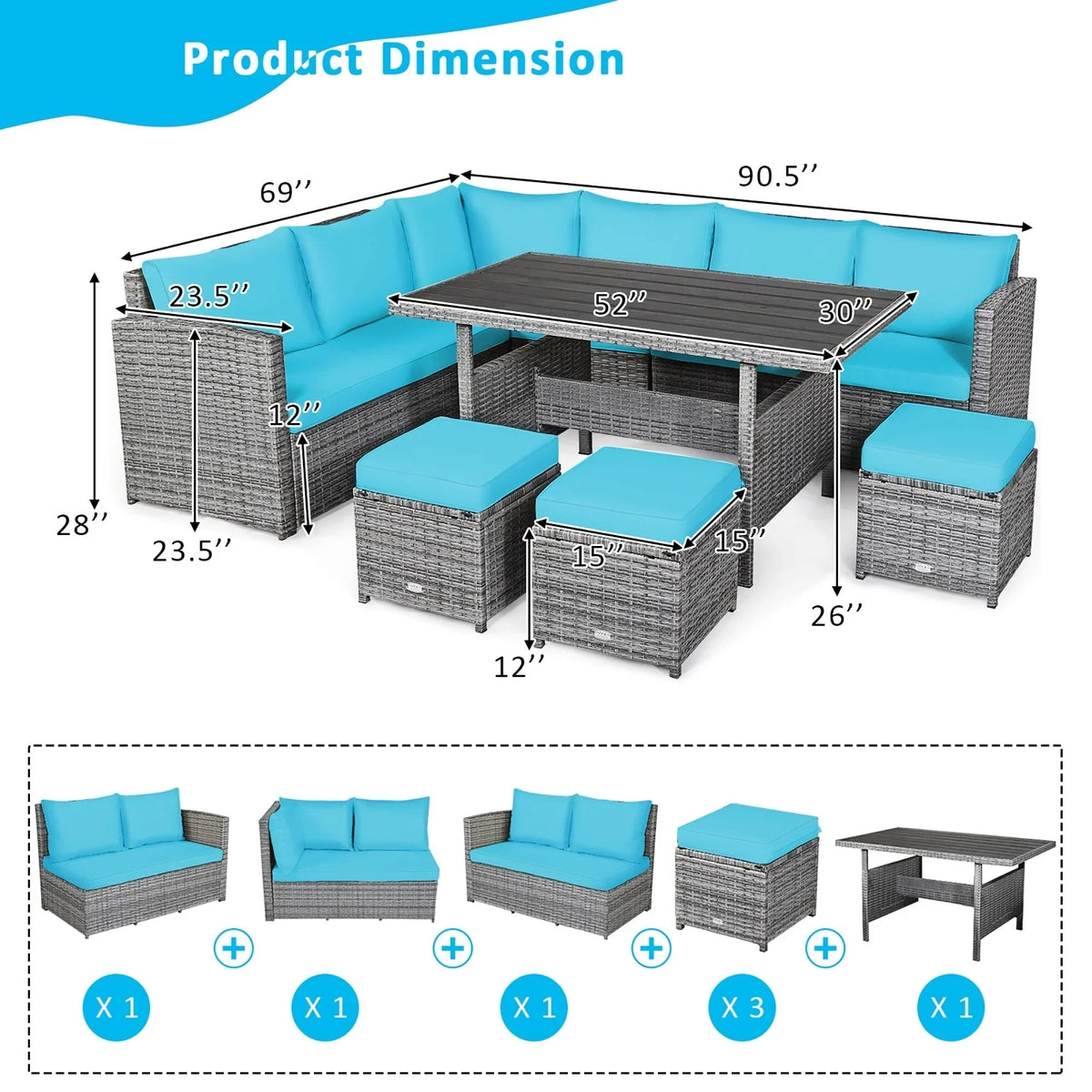 Ensemble de salle à manger 7 pièces en rotin pour terrasse, canapé sectionnel et pouf - Voir détails – Sanzelize Design