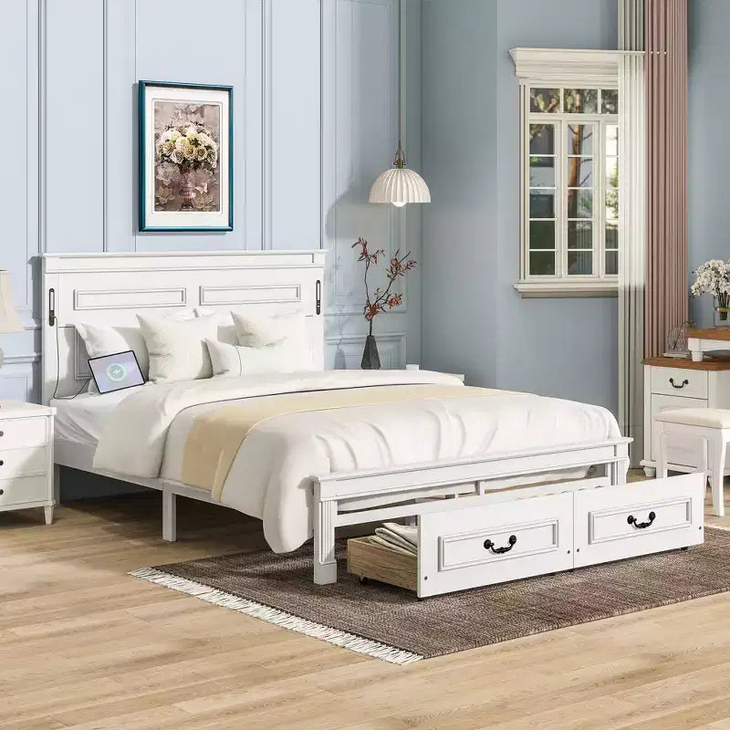 Lit plateforme 152 x 203 cm / 193 x 203 cm avec tête de lit haute, cadre de lit rustique en bois avec 2 tiroirs – Sanzelize Design