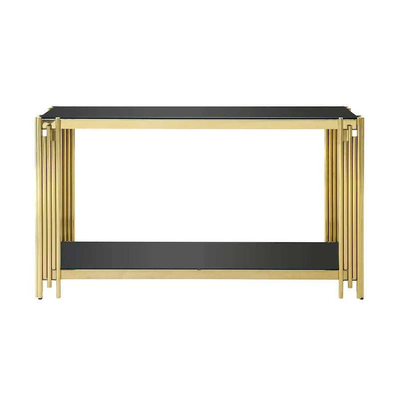 Console étroite à 2 niveaux avec structure en métal doré et plateau en verre trempé – Sanzelize Design