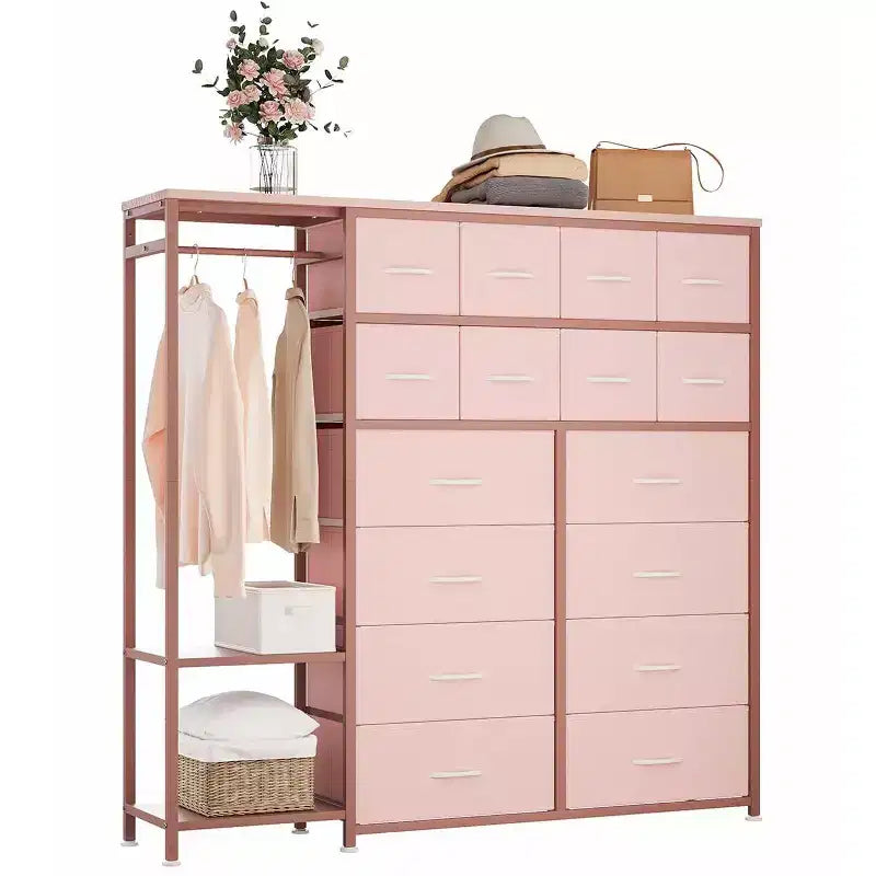 Commode de rangement avec 16 tiroirs, tringle à vêtements et étagères – Sanzelize Design