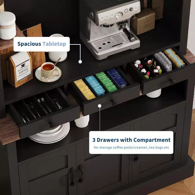 Meuble de bar à café de style ferme de 183 cm de haut avec lumières LED, buffet de cuisine avec portes et tiroir – Sanzelize Design