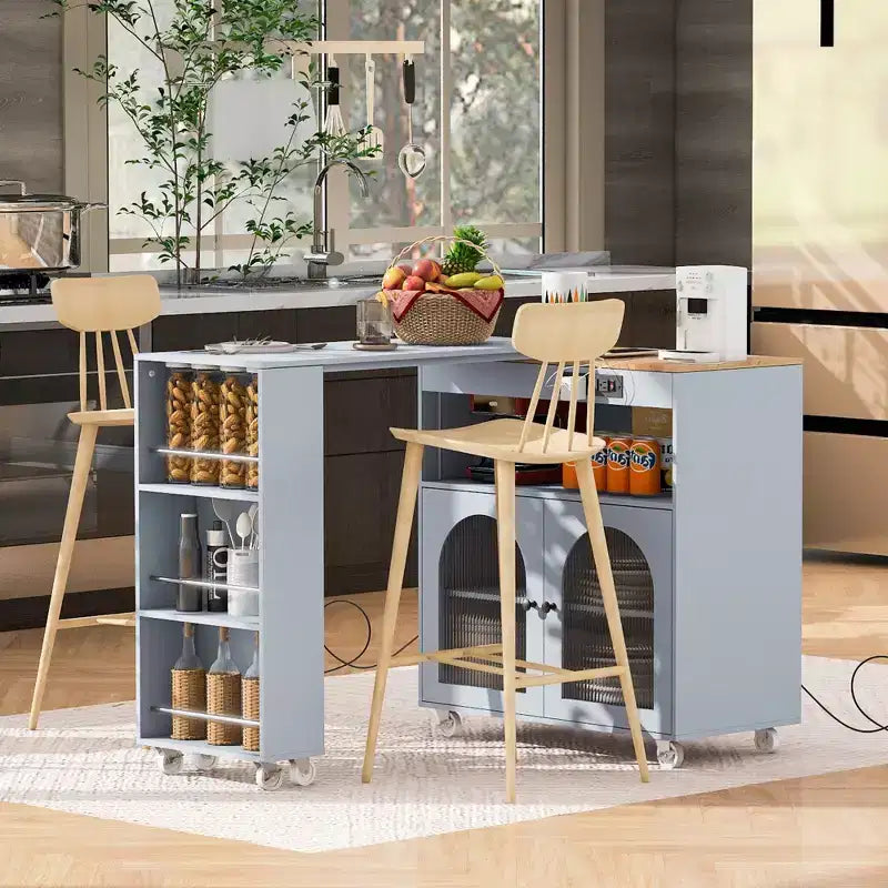 Îlot de cuisine roulant avec 2 portes en verre, Desserte de cuisine avec table extensible et prises de courant – Sanzelize Design