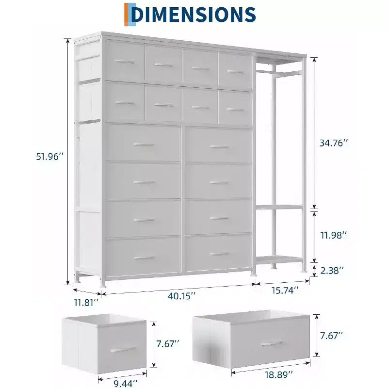 Commode de rangement avec 16 tiroirs, tringle à vêtements et étagères – Sanzelize Design