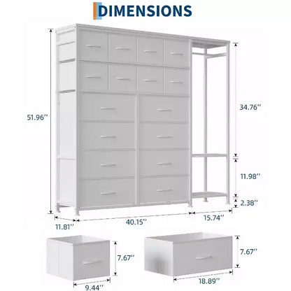 Commode de rangement avec 16 tiroirs, tringle à vêtements et étagères – Sanzelize Design