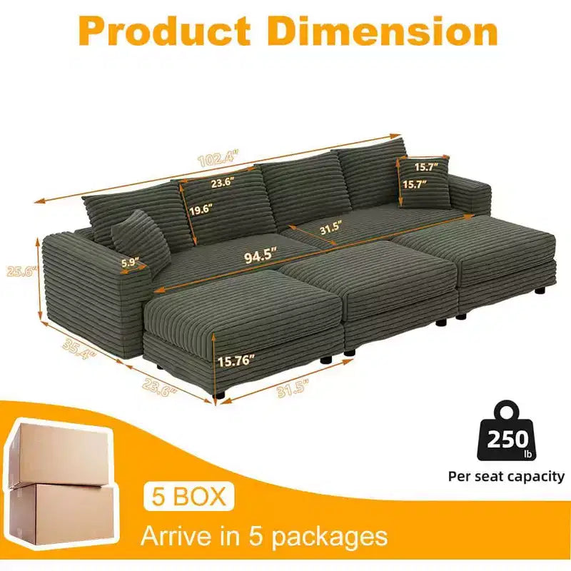 Canapé 260 cm convertible 4 places en velours côtelé avec poufs – Vert – Sanzelize Design
