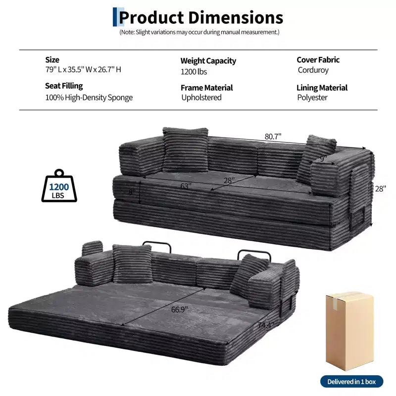 Canapé-lit convertible 5-en-1 de 205 cm – Velours côtelé, charge max. 544 kg, sans assemblage – Sanzelize Design