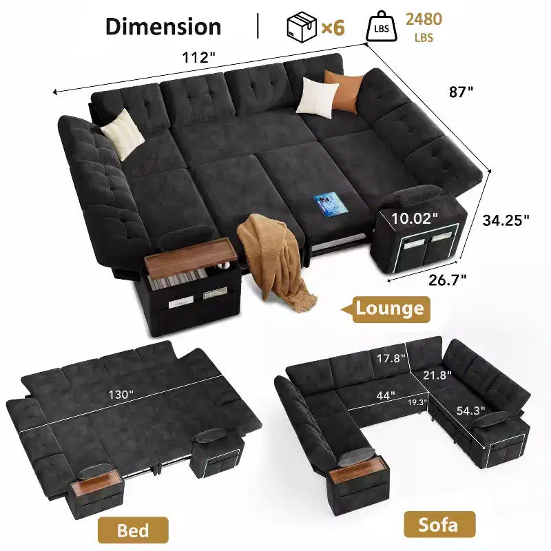 Canapé modulaire 284 cm convertible avec lit gigogne, canapé d'angle en U avec rangement – Sanzelize Design