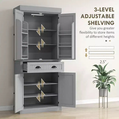 Garde-manger de cuisine de 180 cm avec lumières DEL, 6 tablettes de porte, un tiroir et 4 tablettes réglables – Sanzelize Design