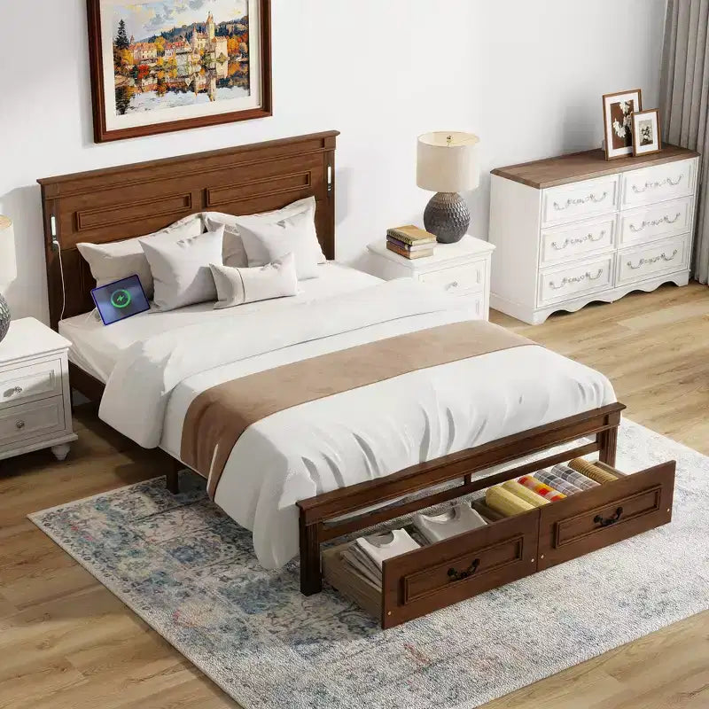 Lit plateforme 152 x 203 cm / 193 x 203 cm avec tête de lit haute, cadre de lit rustique en bois avec 2 tiroirs – Sanzelize Design