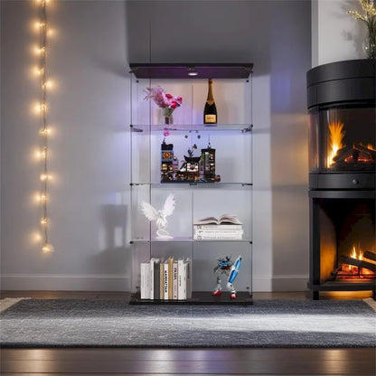 Vitrine en verre éclairée à deux portes avec 4 étagères, noire – Sanzelize Design