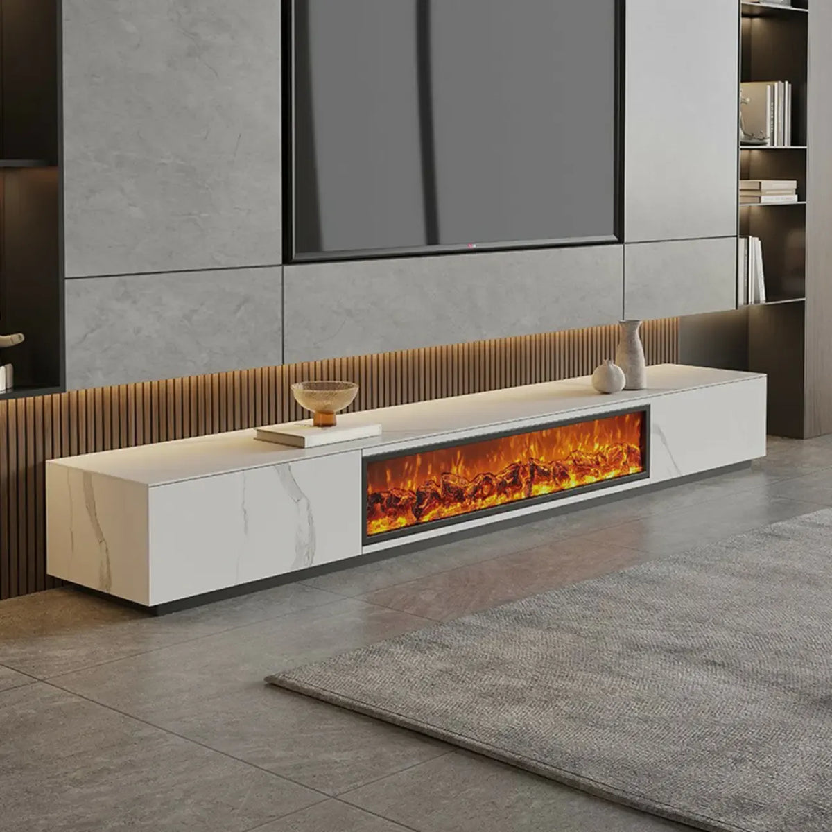 Meuble TV en pierre avec cheminée électrique noire et lumière, 87 cm de large – Sanzelize Design