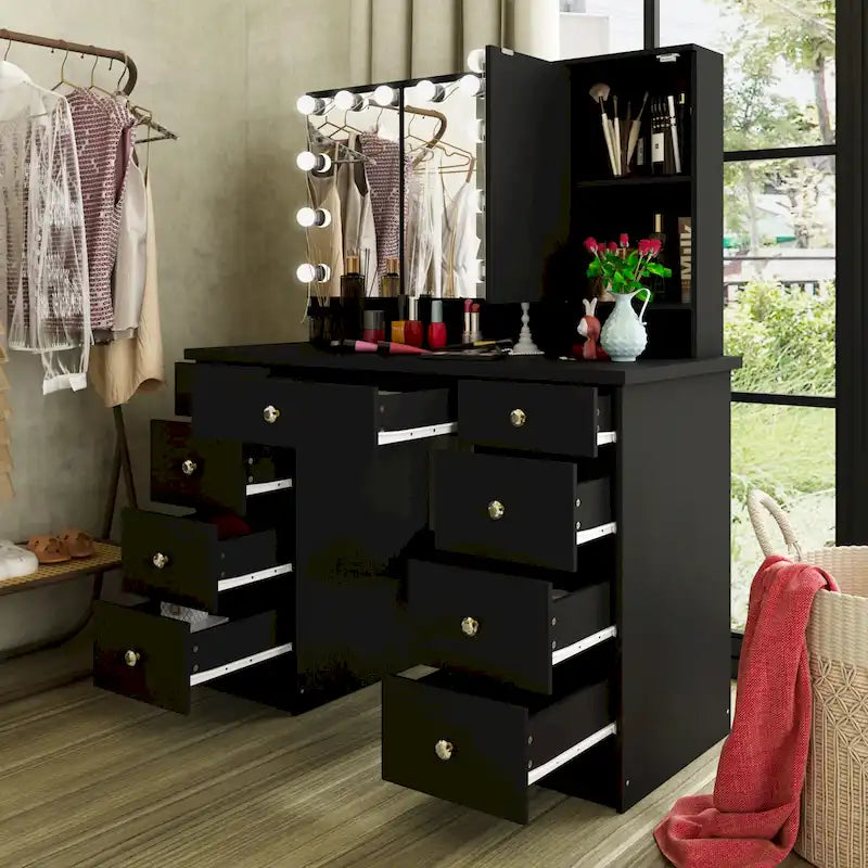 Coiffeuse LED de luxe avec 9 tiroirs, station de maquillage élégante – Sanzelize Design
